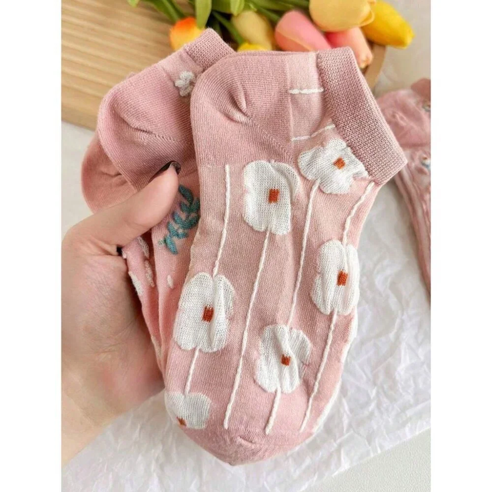 5Pairs Vintage Floral Low-Cut Socks For Women Versatile Floral Print Ankle Socks